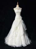 Glam White Strapless A-Line Tulle Lace Applique Wedding Dresses Long Prom Dresses HZ1108