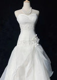 Glam White Strapless A-Line Tulle Lace Applique Wedding Dresses Long Prom Dresses HZ1108