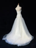 Glam White Strapless A-Line Tulle Lace Applique Wedding Dresses Long Prom Dresses HZ1108