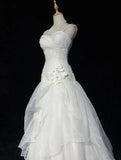 Glam White Strapless A-Line Tulle Lace Applique Wedding Dresses Long Prom Dresses HZ1108