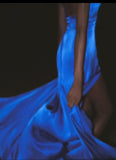 Elegant Royal Blue V-neck Sheath Evening Dress Sexy Backless Satin Long Prom Dresses with Slits HZ1108