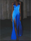 Elegant Royal Blue V-neck Sheath Evening Dress Sexy Backless Satin Long Prom Dresses with Slits HZ1108