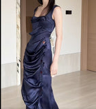 Glam Navy Blue Square Neck Satin Pleated Party Dress Cocktail Dress HZ1108
