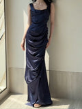 Glam Navy Blue Square Neck Satin Pleated Party Dress Cocktail Dress HZ1108