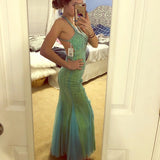 Shiny Beaded Tulle Mermaid Backless Evening Dress Gorgeous Spaghetti Straps Green Long Prom Dresses HZ1108