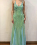 Shiny Beaded Tulle Mermaid Backless Evening Dress Gorgeous Spaghetti Straps Green Long Prom Dresses HZ1108
