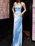 Vintage Ice Blue Satin Sheath Strapless Evening Dress Elegant Long Prom Dresses with Beading HZ1108