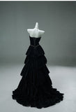 Elegant Black Strapless A-Line Velvet Layered Long Prom Dresses Formal Evening Dresses HZ1108