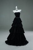Elegant Black Strapless A-Line Velvet Layered Long Prom Dresses Formal Evening Dresses HZ1108