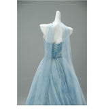 Gorgeous Strapless Blue A-Line Tulle Evening Dress Sparkling Beaded Long Prom Dresses HZ1108