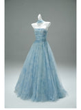 Gorgeous Strapless Blue A-Line Tulle Evening Dress Sparkling Beaded Long Prom Dresses HZ1108