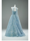 Gorgeous Strapless Blue A-Line Tulle Evening Dress Sparkling Beaded Long Prom Dresses HZ1108