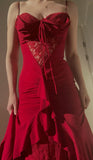 Elegant Red A-Line Spaghetti Straps Chiffon Party Dresses Vintage Lace Applique Prom Dresses HZ1108
