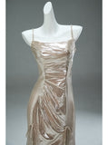 Unique Champagne Spaghetti Strap Mermaid Shining Long Evening Dress Elegant Prom Dress HZ1108