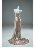 Unique Champagne Spaghetti Strap Mermaid Shining Long Evening Dress Elegant Prom Dress HZ1108