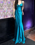 Elegant Teal Spaghetti Straps Satin Sheath Backless Retro Long Party Dress HZ1108