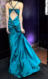 Elegant Teal Spaghetti Straps Satin Sheath Backless Retro Long Party Dress HZ1108