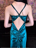 Elegant Teal Spaghetti Straps Satin Sheath Backless Retro Long Party Dress HZ1108