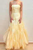 Chic Yellow Strapless Chiffon Mermaid Backless Evening Dresses HZ1108