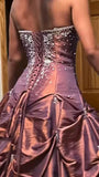 Elegant Red Brown Strapless A-Line Satin Beaded Long Prom Dresses HZ1108