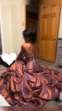 Elegant Red Brown Strapless A-Line Satin Beaded Long Prom Dresses HZ1108
