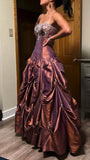 Elegant Red Brown Strapless A-Line Satin Beaded Long Prom Dresses HZ1108