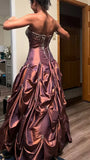 Elegant Red Brown Strapless A-Line Satin Beaded Long Prom Dresses HZ1108