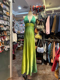 Vintage Gradient Green V-Neck Satin Backless Long Party Dresses HZ1108