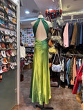 Vintage Gradient Green V-Neck Satin Backless Long Party Dresses HZ1108