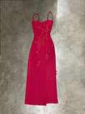 Elegant Red Spaghetti Strap Satin Bodycon Long Prom Dresses Evening Dresses with Slit HZ1108