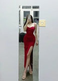 Elegant Red Spaghetti Strap Satin Bodycon Long Prom Dresses Evening Dresses with Slit HZ1108