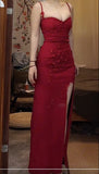Elegant Red Spaghetti Strap Satin Bodycon Long Prom Dresses Evening Dresses with Slit HZ1108