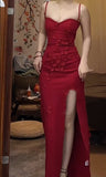 Elegant Red Spaghetti Strap Satin Bodycon Long Prom Dresses Evening Dresses with Slit HZ1108