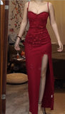 Elegant Red Spaghetti Strap Satin Bodycon Long Prom Dresses Evening Dresses with Slit HZ1108