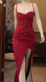 Elegant Red Spaghetti Strap Satin Bodycon Long Prom Dresses Evening Dresses with Slit HZ1108