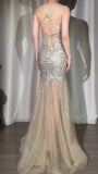Sexy Spaghetti Straps Glitter Sequin Mermaid Elegant Formal Evening Dress Tulle V-Neck Backless Long Prom Dresses HZ1108
