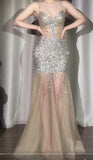 Sexy Spaghetti Straps Glitter Sequin Mermaid Elegant Formal Evening Dress Tulle V-Neck Backless Long Prom Dresses HZ1108