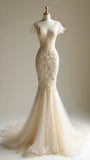 Elegant Ivory V-neck Tulle Mermaid Lace Applique Wedding Dress Simple Evening Dress HZ1108