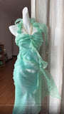 Gorgeous Green Chiffon Satin Sheath Party Dresses Halter Neck 3D Applique Cocktail Dress HZ1108
