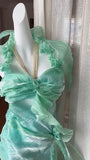Gorgeous Green Chiffon Satin Sheath Party Dresses Halter Neck 3D Applique Cocktail Dress HZ1108