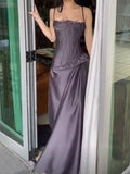 Elegant Dark Gray Purple Spaghetti Straps Sheath Satin Evening Dress Long Prom Dresses HZ1108