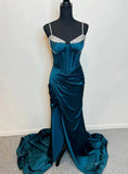 Gorgeous Dark Teal Spaghetti Strap Mermaid Satin Beaded Formal Evening Dress Long Prom Dresses HZ1108