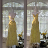 Gorgeous Butter Yellow Spaghetti Straps A-line Tulle Beaded Long Prom Dresses Backless Evening Gowns HZ1108