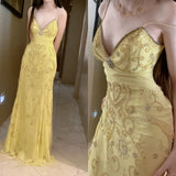 Gorgeous Butter Yellow Spaghetti Straps A-line Tulle Beaded Long Prom Dresses Backless Evening Gowns HZ1108