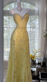 Gorgeous Butter Yellow Spaghetti Straps A-line Tulle Beaded Long Prom Dresses Backless Evening Gowns HZ1108