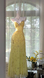 Gorgeous Butter Yellow Spaghetti Straps A-line Tulle Beaded Long Prom Dresses Backless Evening Gowns HZ1108