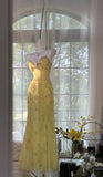 Gorgeous Butter Yellow Spaghetti Straps A-line Tulle Beaded Long Prom Dresses Backless Evening Gowns HZ1108