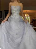 Lovely Lilac Strapless Tulle A-Line Long Prom Dresses Unique Wedding Dresses HZ1108