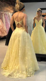 Gorgeous Yellow Spaghetti Straps Tulle Lace Applique A-Line Wedding Dress Formal Evening Dress HZ1108