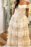 Elegant Ivory Off Shoulder Tulle Lace A-line Wedding Dress HZ1108